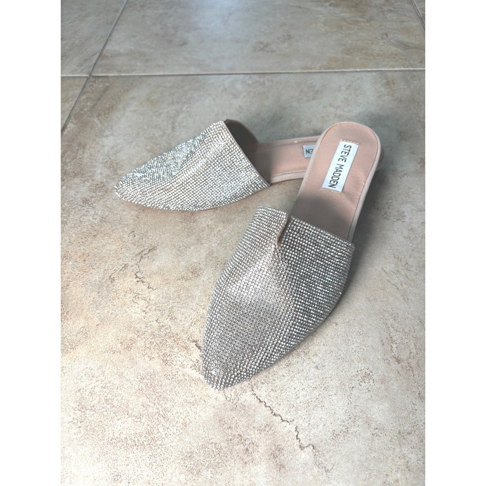 Steve Madden Feather-R Rhinestone Mules Silver Blush Pointed Toe Flats Size 7